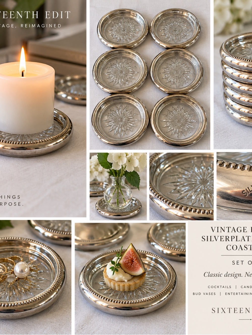 Vintage Silverplate Glass Coasters — Set of 6